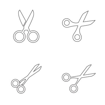 Scissors Icon Collection Cutting Symbols. Set of scissors icons in multiple positions and styles, representing cutting, crafting, editing, and office tool symbols.