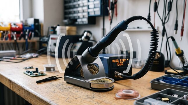 Medium shot of a soldering station with an autostandby feature activating accompanied by alert tones as the tool detects inactivity with focus on the tools ergonomic design.