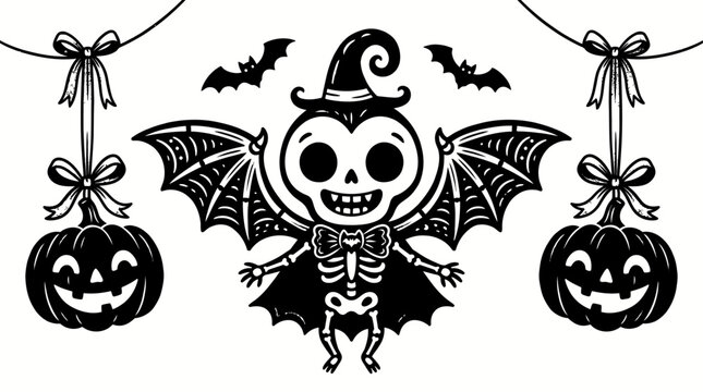 halloween skeleton bat illustration with pumpkins and bats black and white