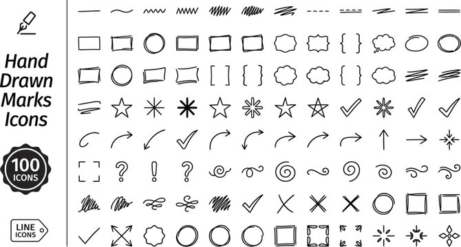 Hand drawn marks and icons set for design elements 100 unique line art symbols