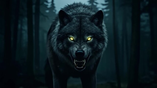 A fierce wolf with glowing eyes stands menacingly in a dark forest.