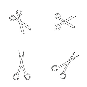 Scissors Icon Collection Cutting Symbols. Set of scissors icons in multiple positions and styles, representing cutting, crafting, editing, and office tool symbols.