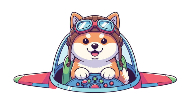 Cute Shiba Inu Dog Pilot Flying Spaceship Cartoon.