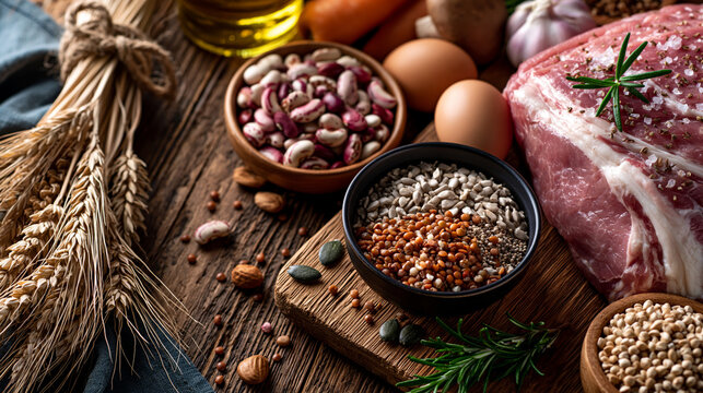 A flat lay of vitamin b1 rich foods including whole grains, pork, beans and seeds on a wooden surface, vitamin b1 sources, thiamine foods, whole grains, pork, beans, seeds, flat