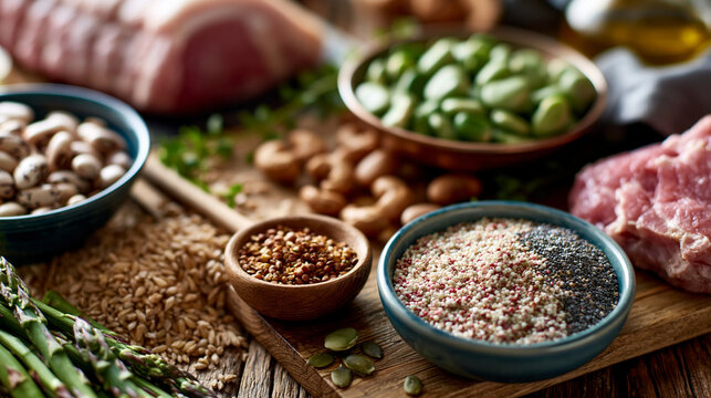 A flat lay of vitamin b1 rich foods including whole grains, pork, beans and seeds on a wooden surface, vitamin b1 sources, thiamine foods, whole grains, pork, beans, seeds, flat