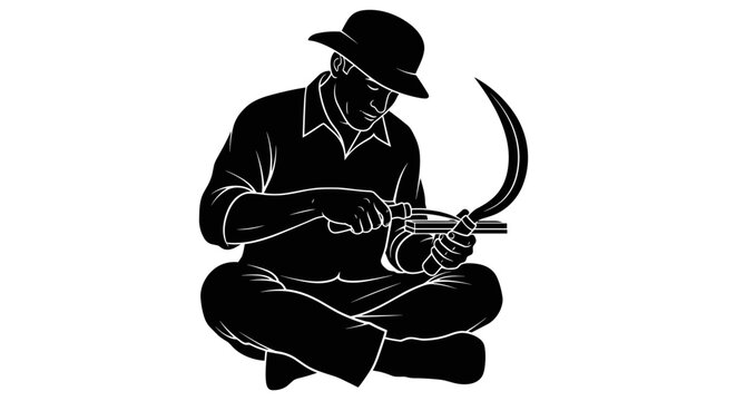 Man sitting with sickle tool.