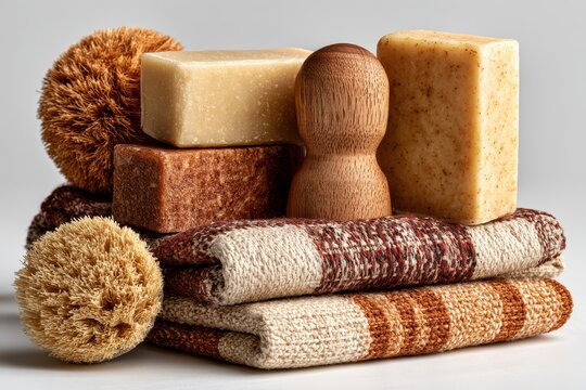Natural and organic bath and body products including handmade soaps and brushes for a spa experience.