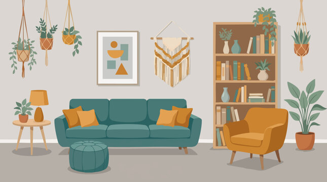 Cozy Boho Living Room Interior with Sofa, Bookshelf, and Potted Plants