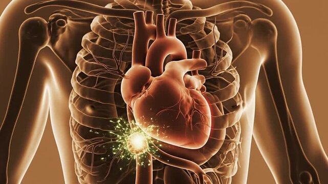 3D Anatomical Heart Representation With Visual Effects on a Glowing Brown Background for Medical Illustration and Health Concepts