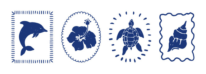 Naklejka premium Vintage marine stamp silhouette. Linocut crab, seahorse and shrimp, seashell. Marine animals set in vintage nautical style. Underwater reef and ocean plants flora