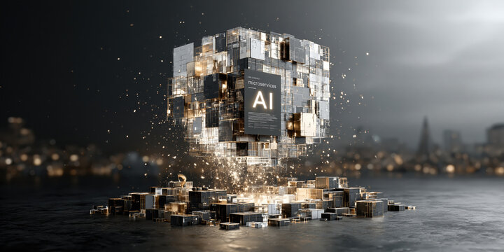 Enterprise ai document powered microservice cube glowing over city skyline showing layered