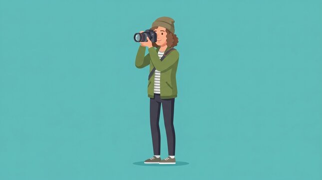 A cartoon man taking a photo with a camera.