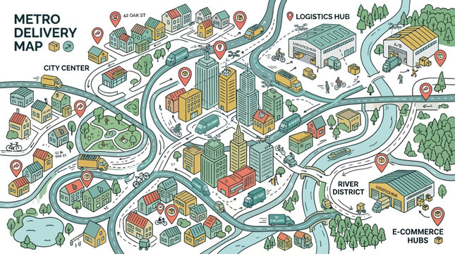 Detailed illustration of a metro delivery map showing various logistics and e-commerce elements.