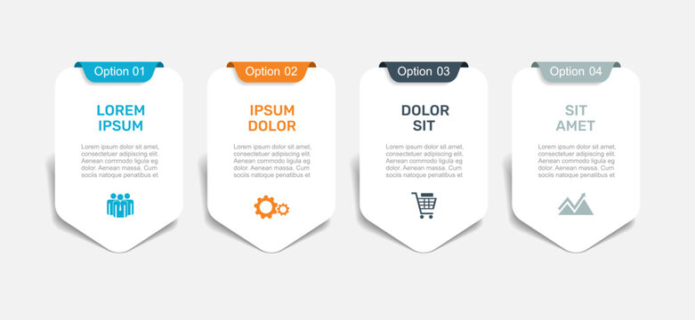 Modern business infographic template with four vertical options, ribbons, icons and placeholder text. Vector illustration.