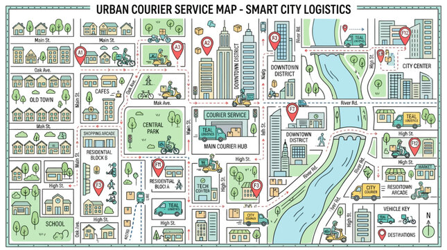 Detailed illustration of a city map with marked locations for an urban courier service in a smart city logistics concept.