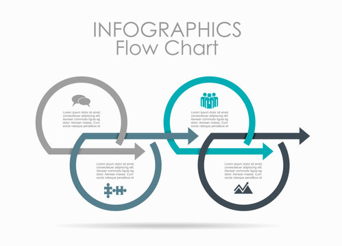 Horizontal business infographic flow chart with four interlocking circular steps, arrows, icons and text. Vector illustration.