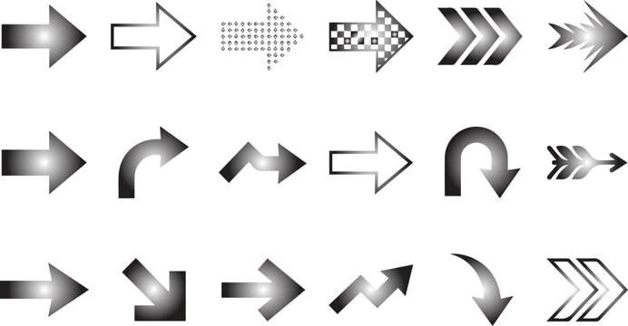 Gradient Arrow Icon Set Direction Pointer Curve Turn Dotted Checkered Bold Outline Motion Speed Vector Grayscale Collection Isolated White Background Modern Design