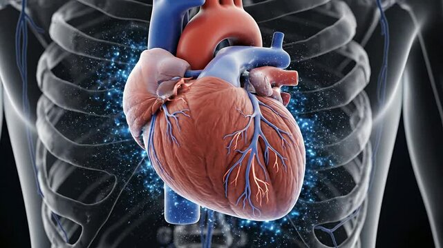 3D Anatomical Visualization of Human Heart Within Transparent Ribcage with Glowing Vascular Effects for Medical Illustration and Education