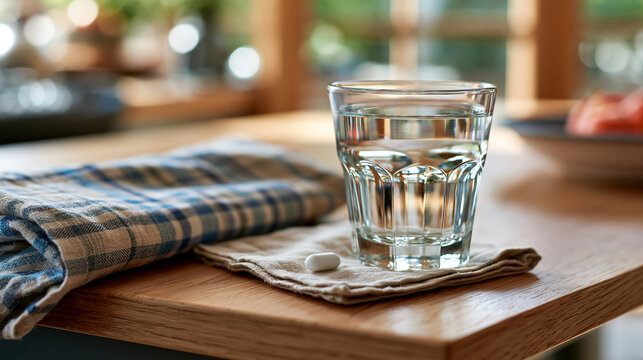 A glass of water and a single white pill resting on a folded cloth napkin on a kitchen table, glass of water, single pill, medication routine, senior wellness concept, kitchen