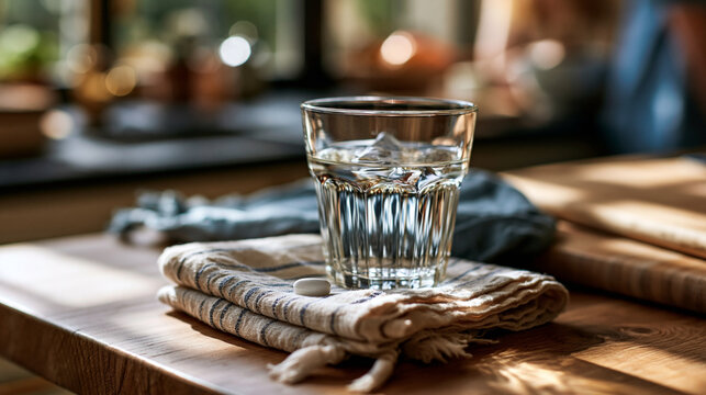 A glass of water and a single white pill resting on a folded cloth napkin on a kitchen table, glass of water, single pill, medication routine, senior wellness concept, kitchen