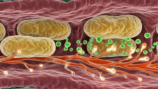 3D Animation Of Bacteria Interacting With White Blood Cells In A Blood Vessel Illustrating Immune Response And Infection Dynamics