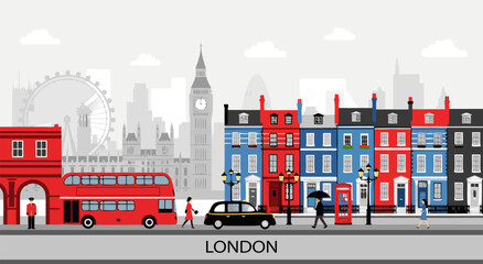 Fototapeta premium Iconic London Skyline Vector Illustration Featuring Red Double Decker Bus and Big Ben, Ideal for Travel and Culture Themes
