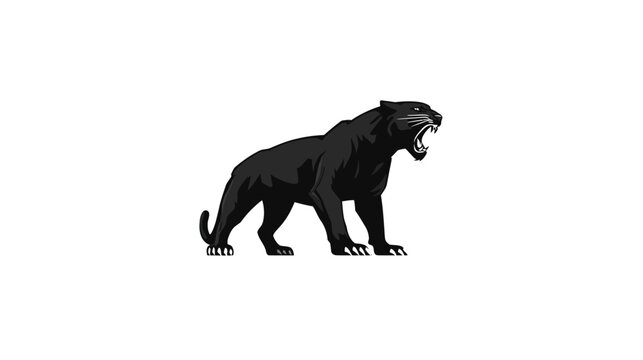 Powerful black panther illustration snarling with open mouth, majestic wild cat standing, fierce predator on white background