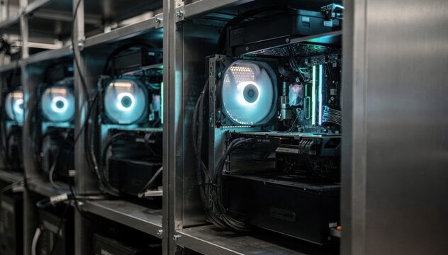 Medium shot of finished computers inside automated burnin testing rigs with glowing LEDs and cooling fans ensuring reliable stress performance.