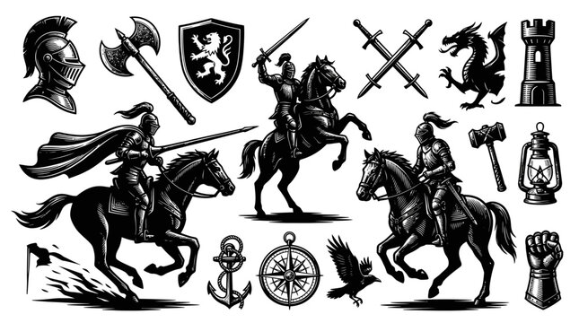 Black and White Medieval Knights on Horses, Weapons, Castle, Dragon Vector Art