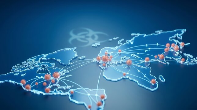 A futuristic medical illustration concept showing worldwide virus transmission through interconnected global networks and population movement