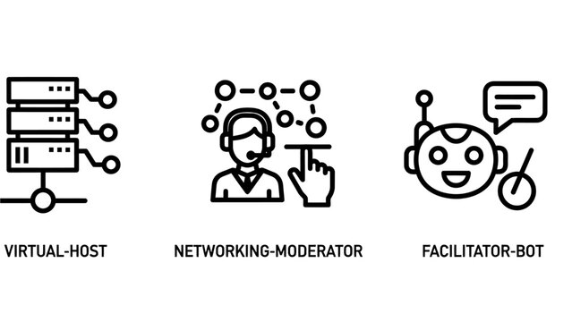 Network technology icons set depicting virtual host networking moderator and facilitator bot with technology moderator facilitator computer artificial intelligence communication internet