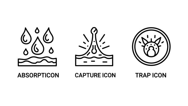 Data absorption capture and trap process icons with absorption collection measurement research chemical physical analysis experiment environmental technology technical schematic laboratory