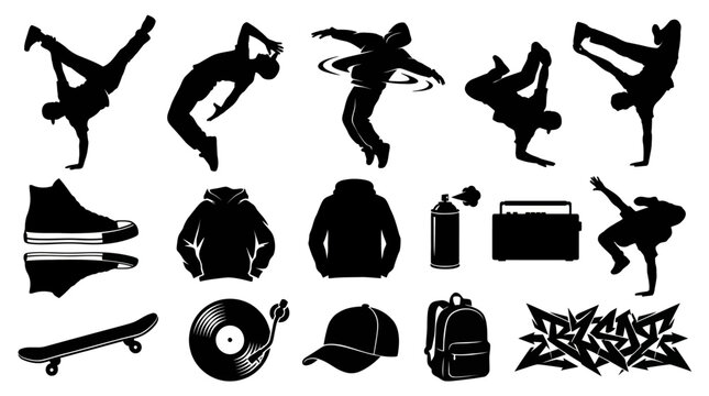 Hip-Hop Urban Street Culture Black Vector Icons Set: Breakdance Silhouettes, Graffiti, Skateboard, Boombox