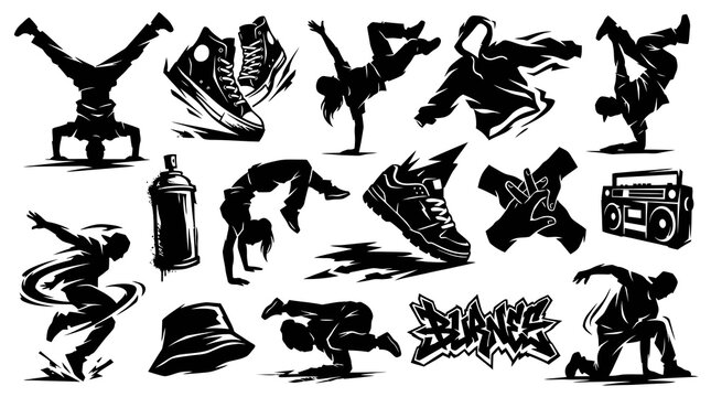 Hip Hop Breakdance Graffiti Elements - Black and White Vector Art