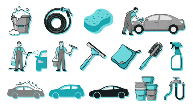Automotive Car Wash Service and Cleaning Tools Flat Vector Icons Set