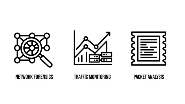 Network security and traffic analysis iconography for data monitoring and packet inspection with forensics analysis monitoring security inspection infrastructure technology information