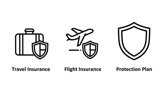Travel and flight insurance protection icons with insurance protection suitcase airplane coverage security financial business vacation guarantee minimalist management corporate services