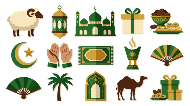 Islamic Icons Set: Mosque, Camel, Dates, Gifts, Lantern for Ramadan  Eid