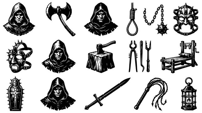 Medieval Executioner Tools  Symbols Black and White Stock Icons