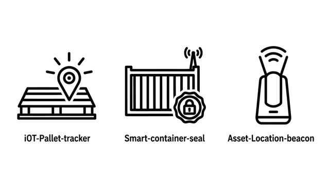 Logistics and asset management tracking icons set with logistics tracking container security management location shipment transport warehouse technology industrial wireless shipping