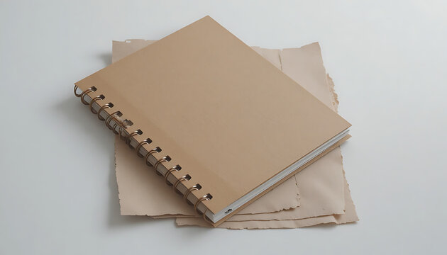 Spiral-bound notebook on torn paper, beige color, on white background, brown