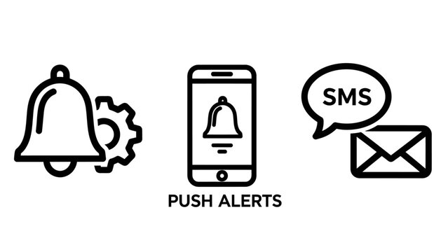 Set of push notification and mobile alert communication icons with notification smartphone communication technology interface connection settings telephone information software development