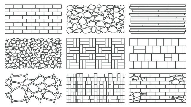 Collection of diverse stone and brick wall patterns rendered in a clean linear vector illustration style for architectural design projects