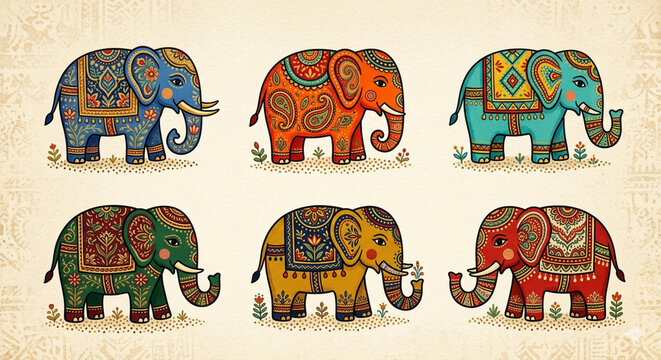 Set of ornate Indian elephants with traditional folk art patterns