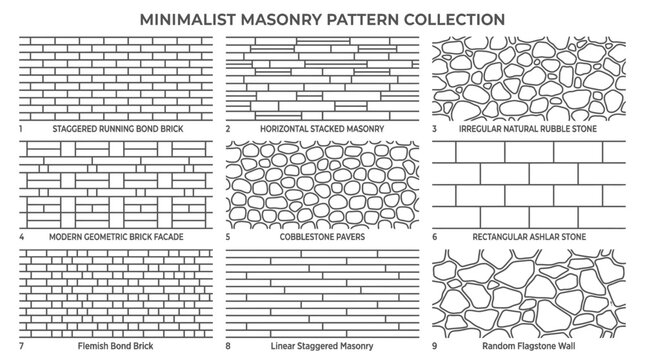Minimalist masonry pattern collection featuring various brick and stone textures displayed as a clean black and white line art vector