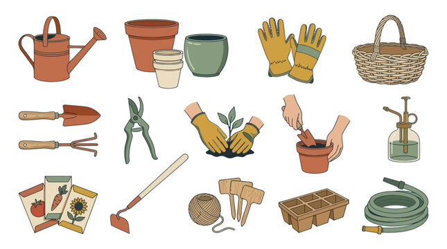 Flat vector illustration of gardening tools and supplies, including watering can, pots, gloves, and basket, for microstock