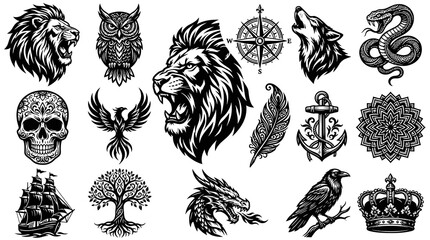Obraz premium Black and White Vector Tattoo Designs: Lions, Skull, Owl, Phoenix, Dragon, Raven, Ship, Compass, Wolf, Snake, Anchor, Feather, Tree, Crown, Mandala