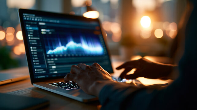 Over the shoulder silhouette of a hand at a bright laptop with a glowing fintech project dashboard and sales analytics on the screen at a softly defocused desk development