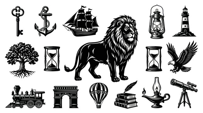 Vintage Nautical  Adventure Icons: Lion, Ship, Anchor, Lighthouse, Key, Compass, Telescope, Hot Air Balloon, Train, Tree, Hourglass, Eagle, Oil Lamp, Books, Arch. Black  White Line Art.