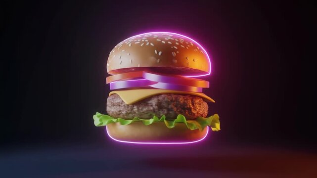 Neon Burger on Dark Background.
